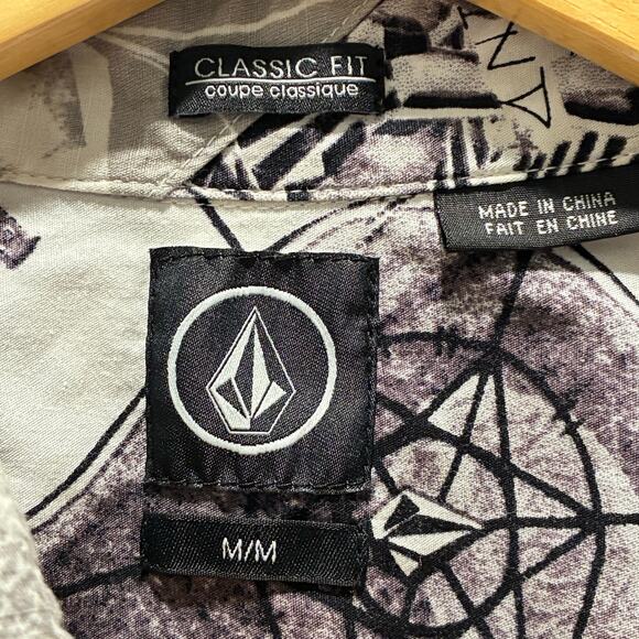 Volcom Button Down Shirt Classic Fit 100% Cotton Gray Off White Mens Size Medium - Picture 9 of 10